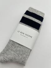 Load image into Gallery viewer, Grandpa Varsity Socks - Lt Grey/Navy Stripe