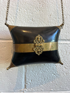 Antique 1930s Horn And Brass Pillow Purse With Purple Velvet Lining