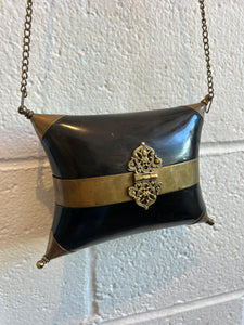 Antique 1930s Horn And Brass Pillow Purse With Purple Velvet Lining