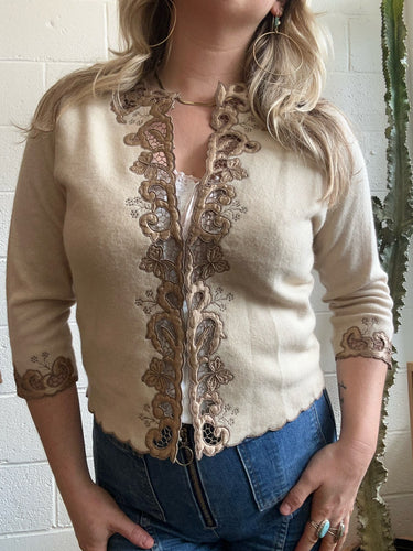Vintage Off-White Lace Cardigan w/Cut Out Detail