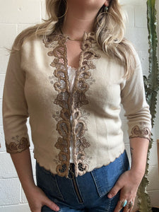 Vintage Off-White Lace Cardigan w/Cut Out Detail