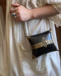 Antique 1930s Horn And Brass Pillow Purse With Purple Velvet Lining