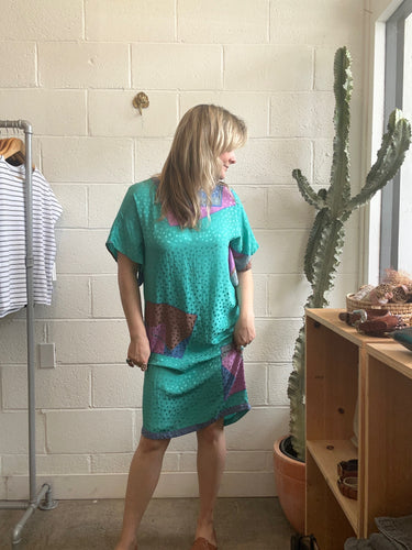 Vintage Short Sleeve Print Dress Blue/Green